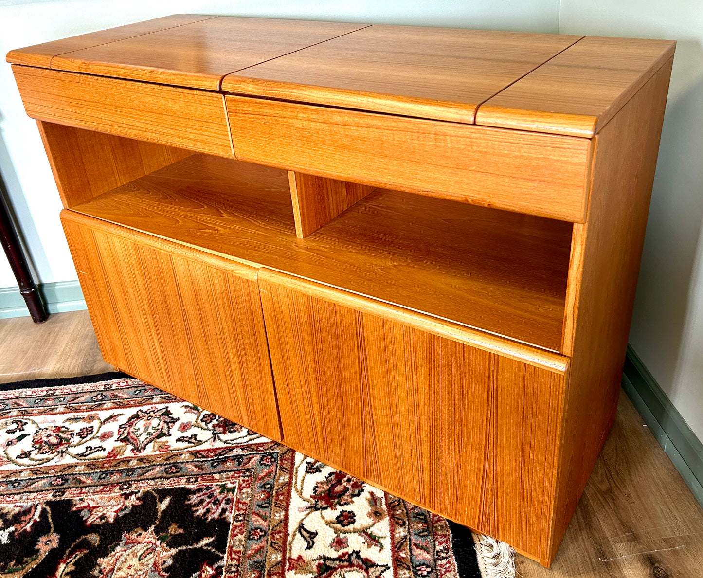 Teak Dry Bar, Vintage Danish Mid-Century Modern, with Flip Top, 47" Wide