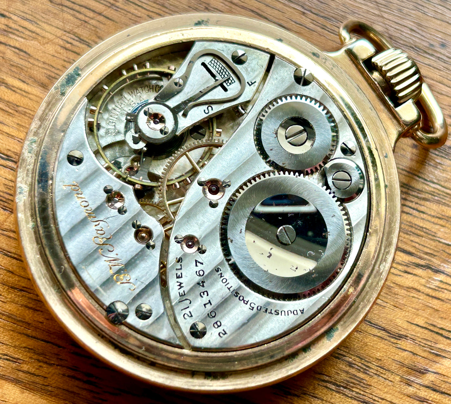 Gold, Size 16 Pocket Watch, 1925 Elgin B.W. Raymond 21 Jewels in 12KGP Star RR Case, Second Hand, Works