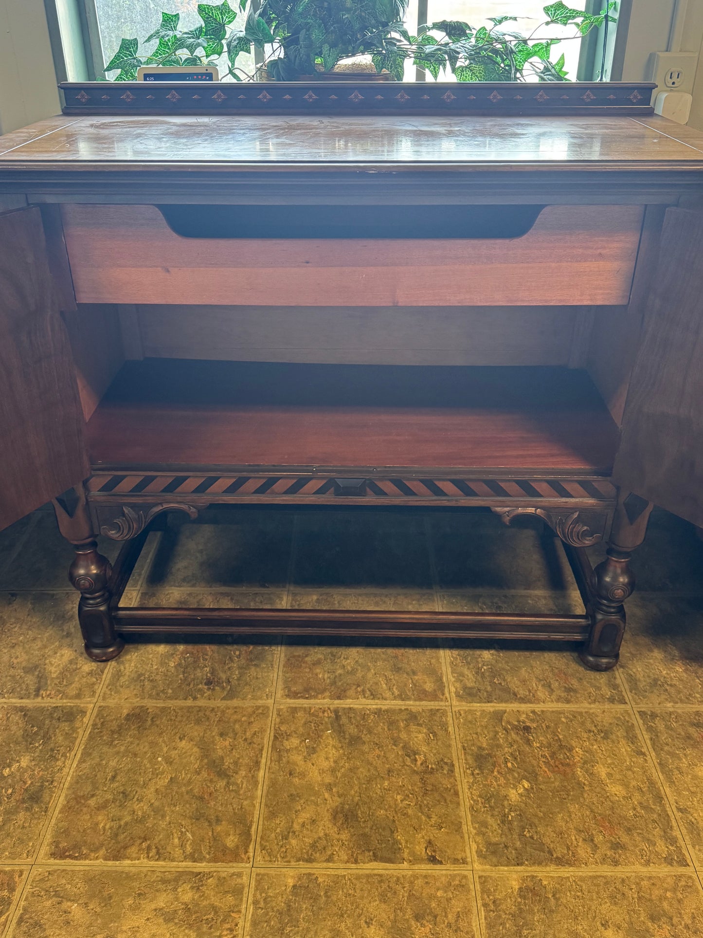 Antique BERKEY & GAY Furniture Renaissance Revival Mahogany, Burl Wood and Ebonized Wood Cabinet