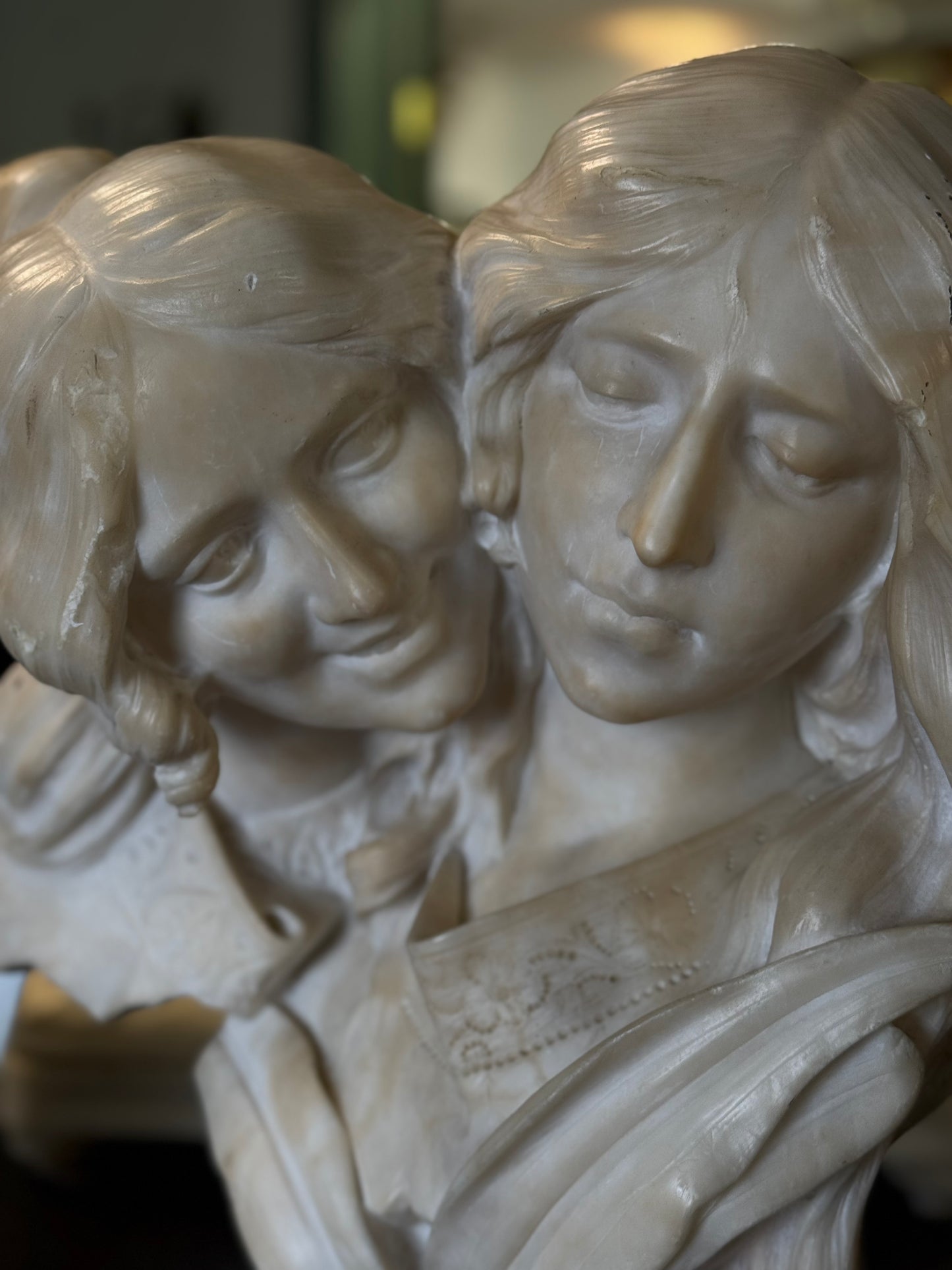 Exquisite Hand-Carved Marble Bust of Mother and Child Embracing