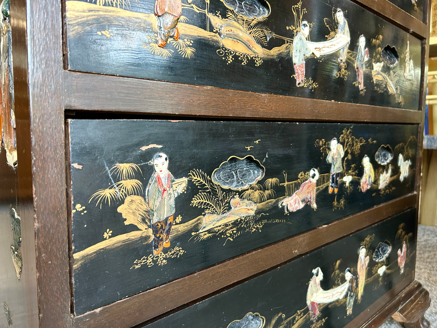 Antique, Oriental Chest Of Drawers, Hand Painted Asian Landscapes w Carved Pulls, 40" Tall Dresser