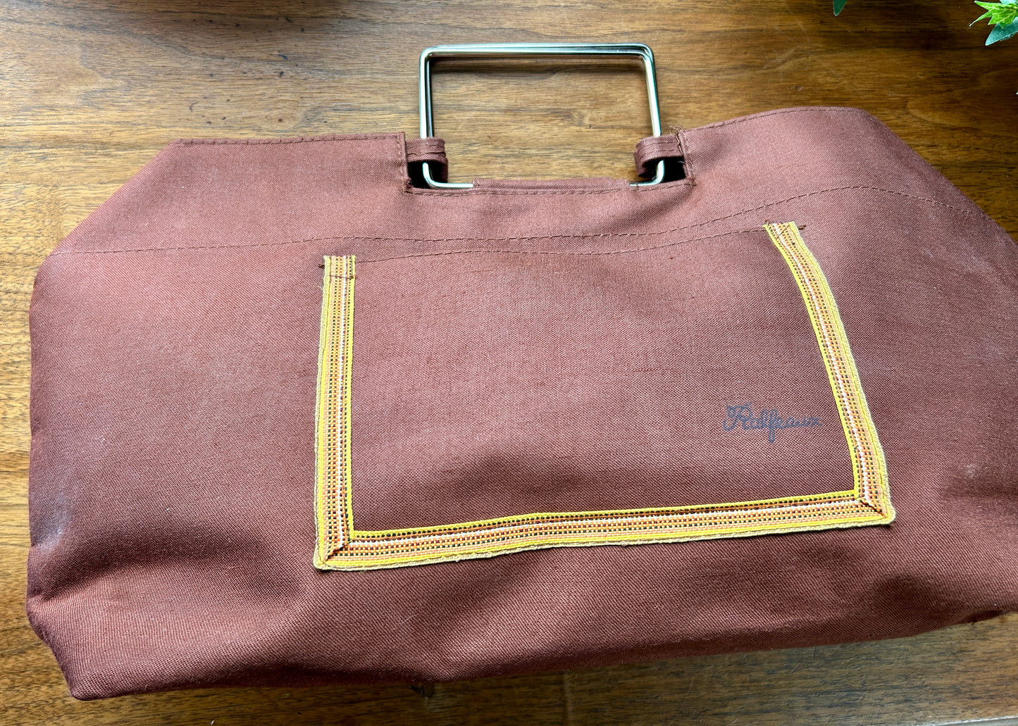 Vintage 1970s Ralfeaux Handbag, Canvas Tote w Striped Trim, 20" Wide with Metal Handles