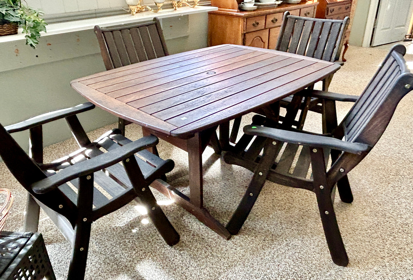 Outdoor Patio Dining Set, 5 Piece Jensen Jarrah Ipe Wood Table and 4 Chairs