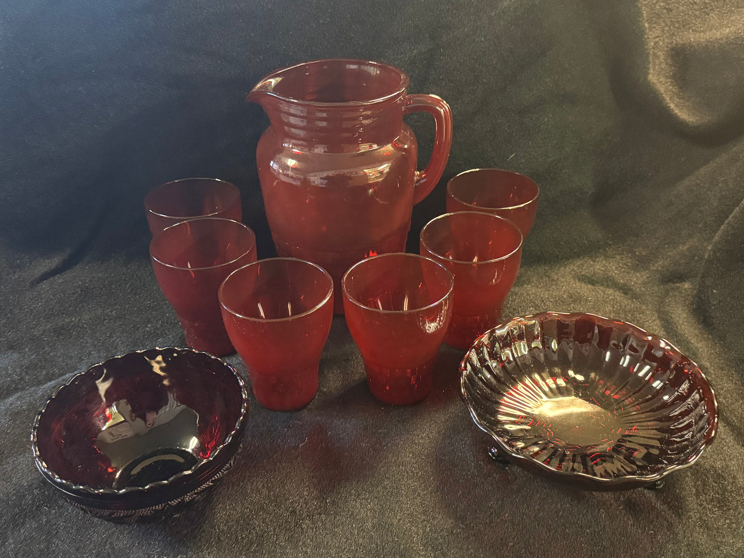 Vintage Red Glass Pitcher With Six Glasses & Two Bowls