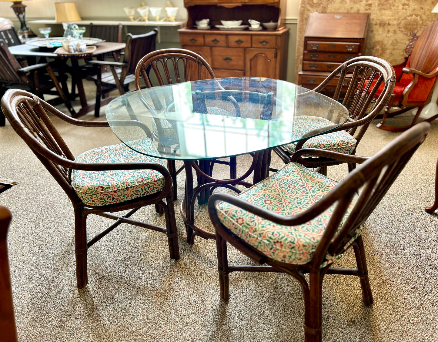 Rattan Dining Table with Glass Top and Four Chairs, 42" Square