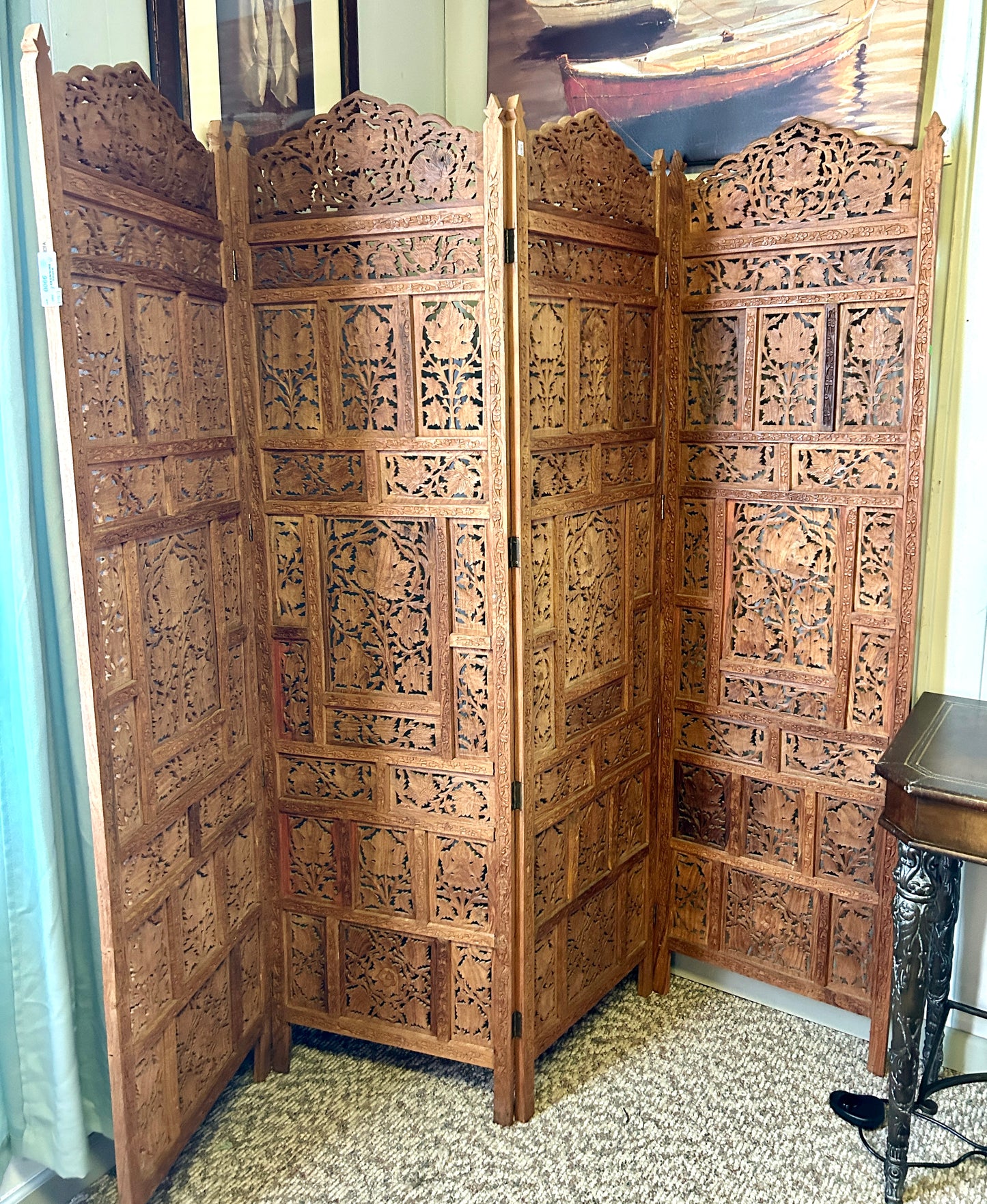 Four-Panel Indian Hand Carved Wooden Screen, 72" H x 80" Wide