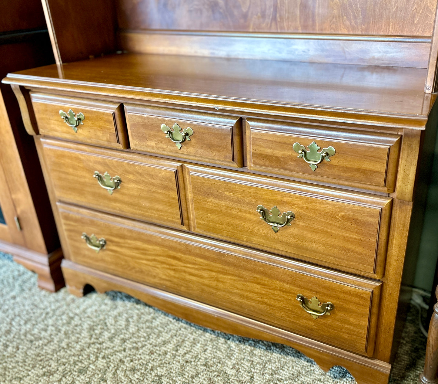 Vintage, Solid Wood Hutch with 5-Drawer Dresser Base and Bookshelves