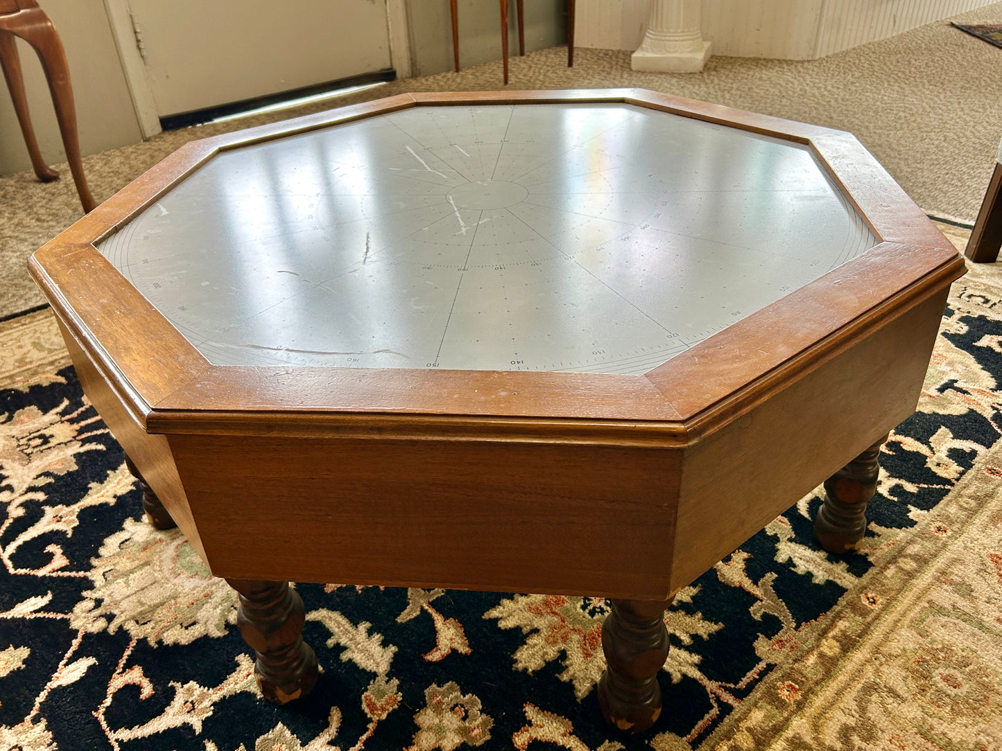 Repurposed Glass Nautical Sailing Map Coffee Table w Custom Solid Wood Base,  38" Wide