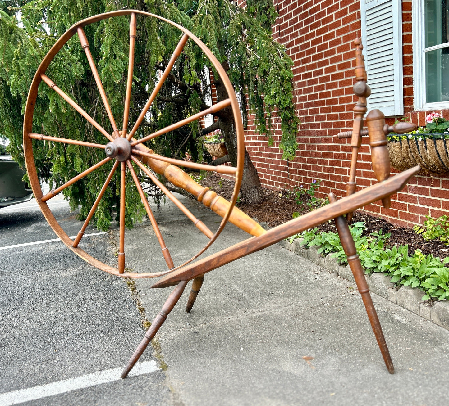 Antique Spinning Wheel, Solid Wood with Turned Detail, 65" Wide