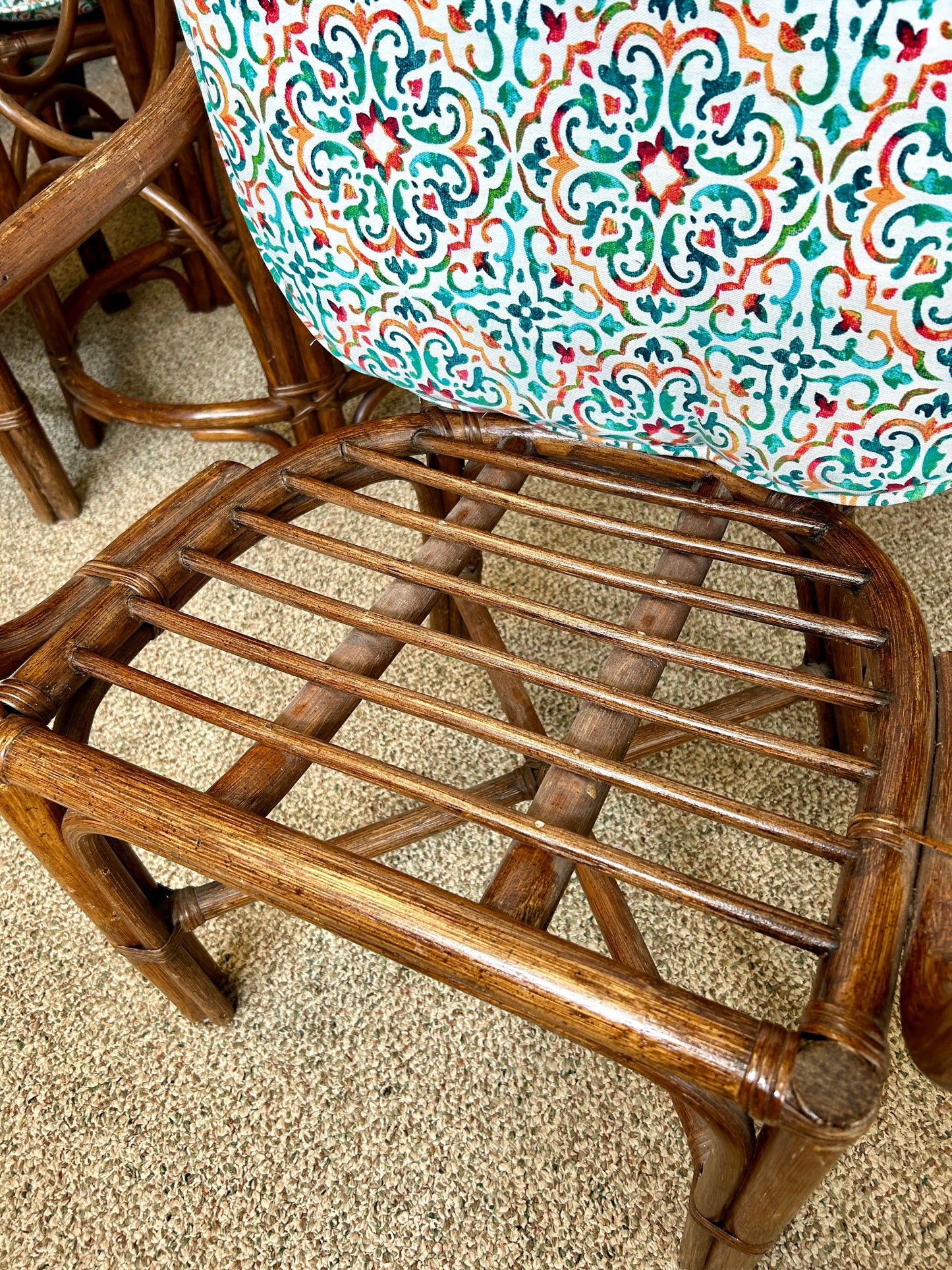 Rattan Dining Table with Glass Top and Four Chairs, 42" Square