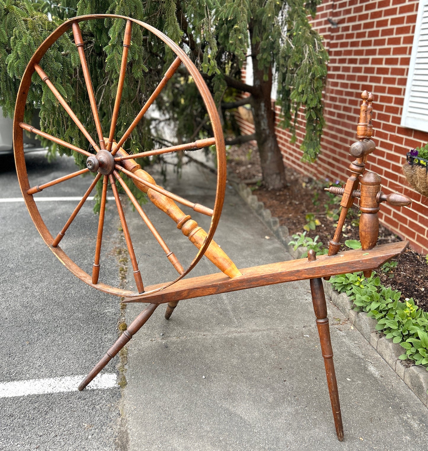 Antique Spinning Wheel, Solid Wood with Turned Detail, 65" Wide