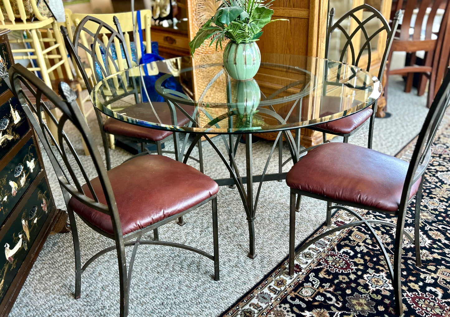 Wrought Iron Dining Set w Beveled Glass Top and Four Upholstered Chairs, 48" Diameter Table