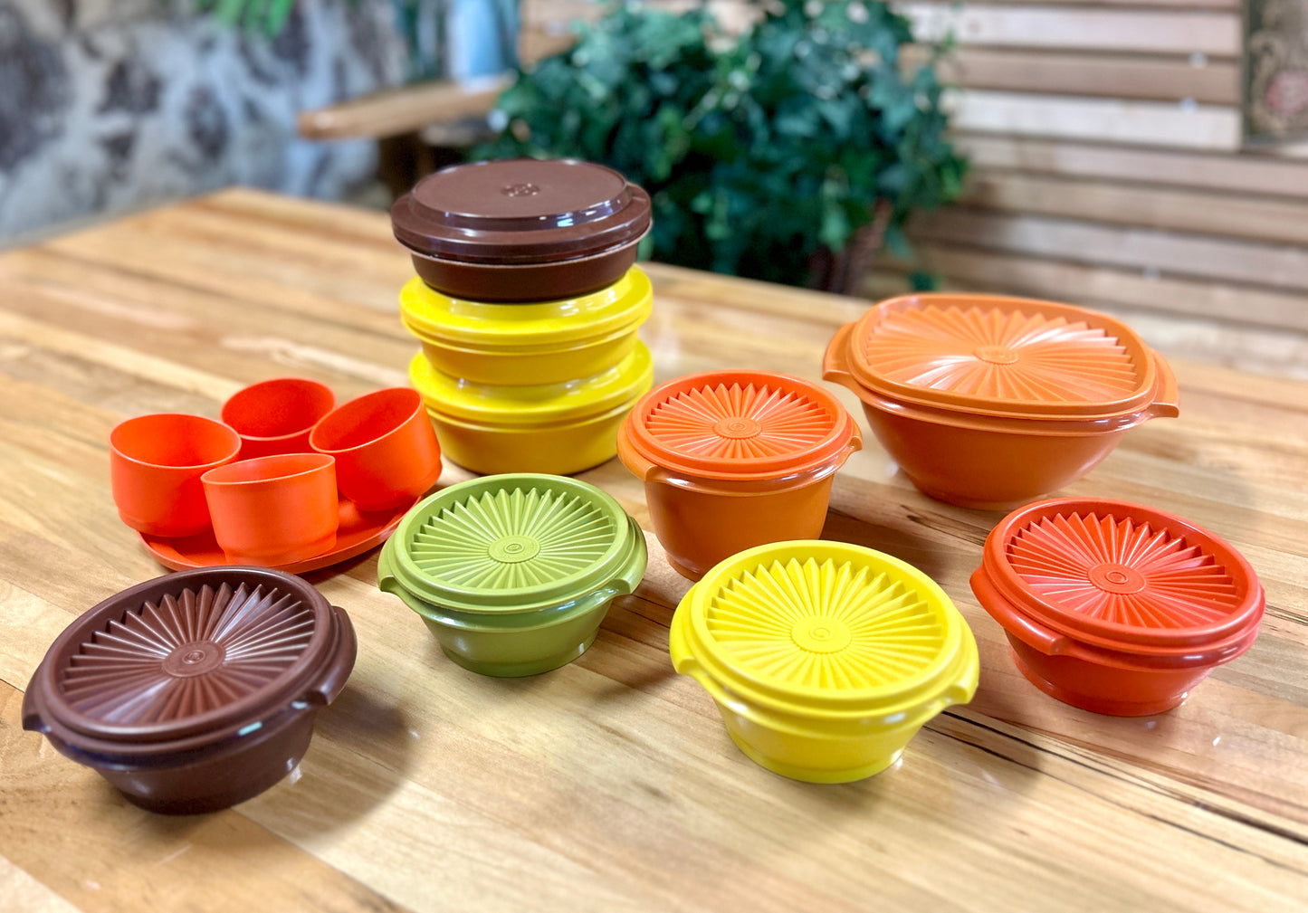 Lot of 22 Vintage Tupperware Containers, Bowls, Plates, Cups and Lids, 1970s Orange, Gold, Avocado