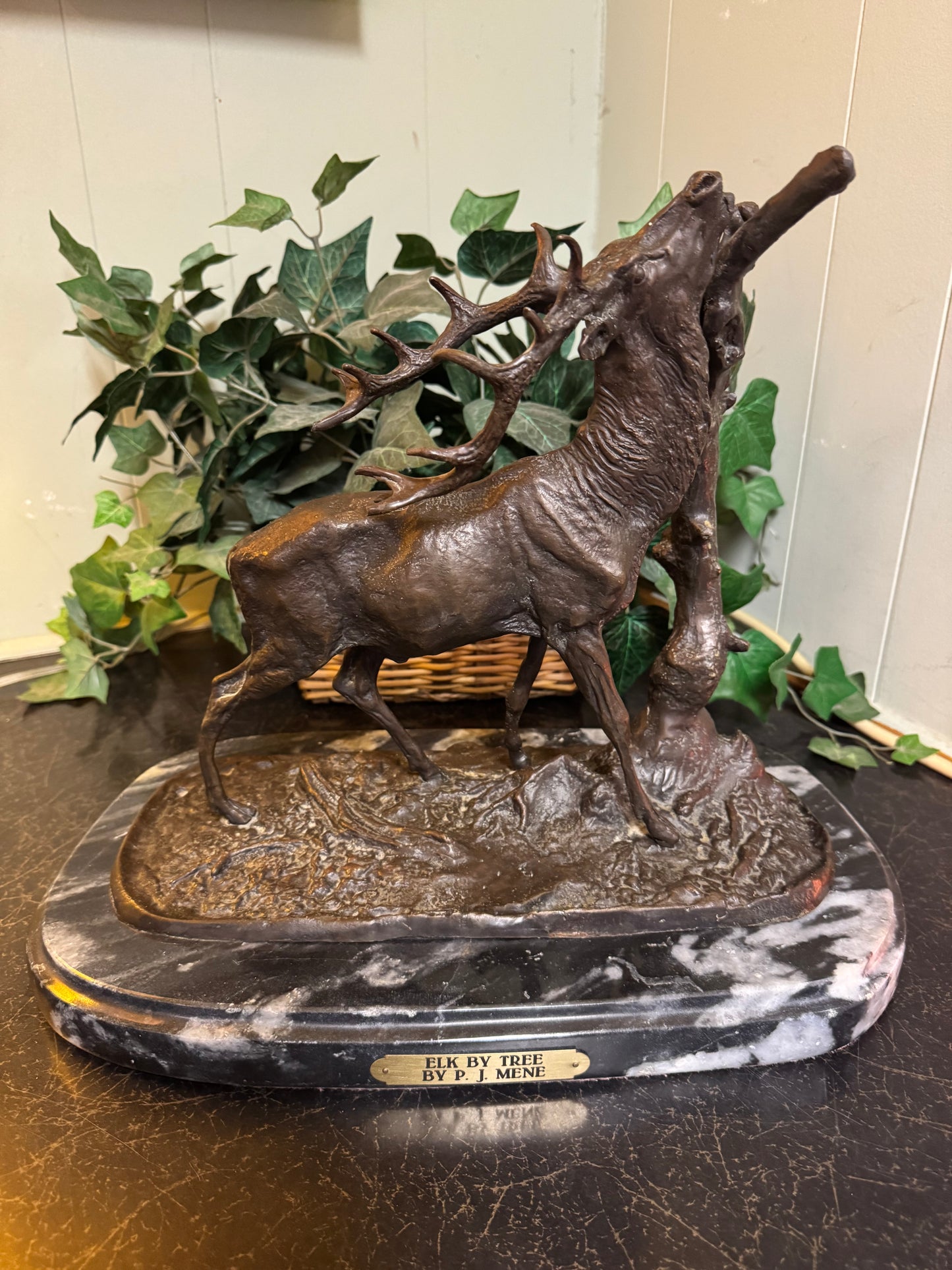 Bronze & Marble Statue "Elk By Tree" By: P.J. MENE