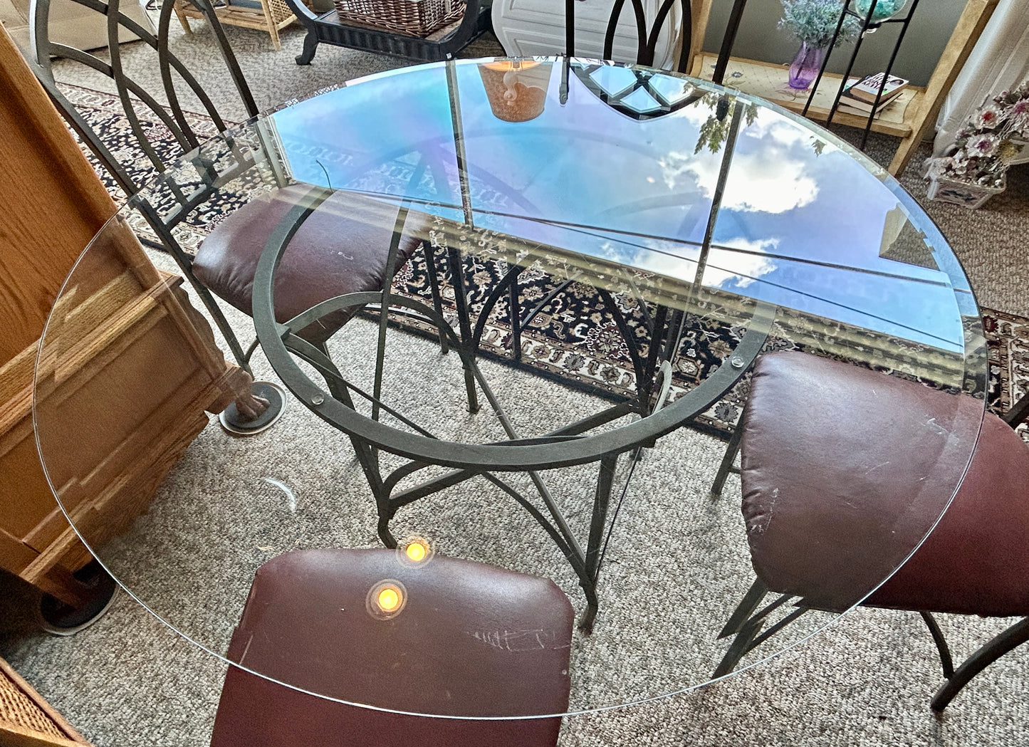 Wrought Iron Dining Set w Beveled Glass Top and Four Upholstered Chairs, 48" Diameter Table