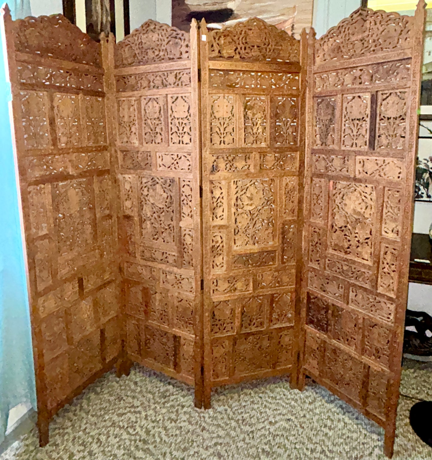 Four-Panel Indian Hand Carved Wooden Screen, 72" H x 80" Wide