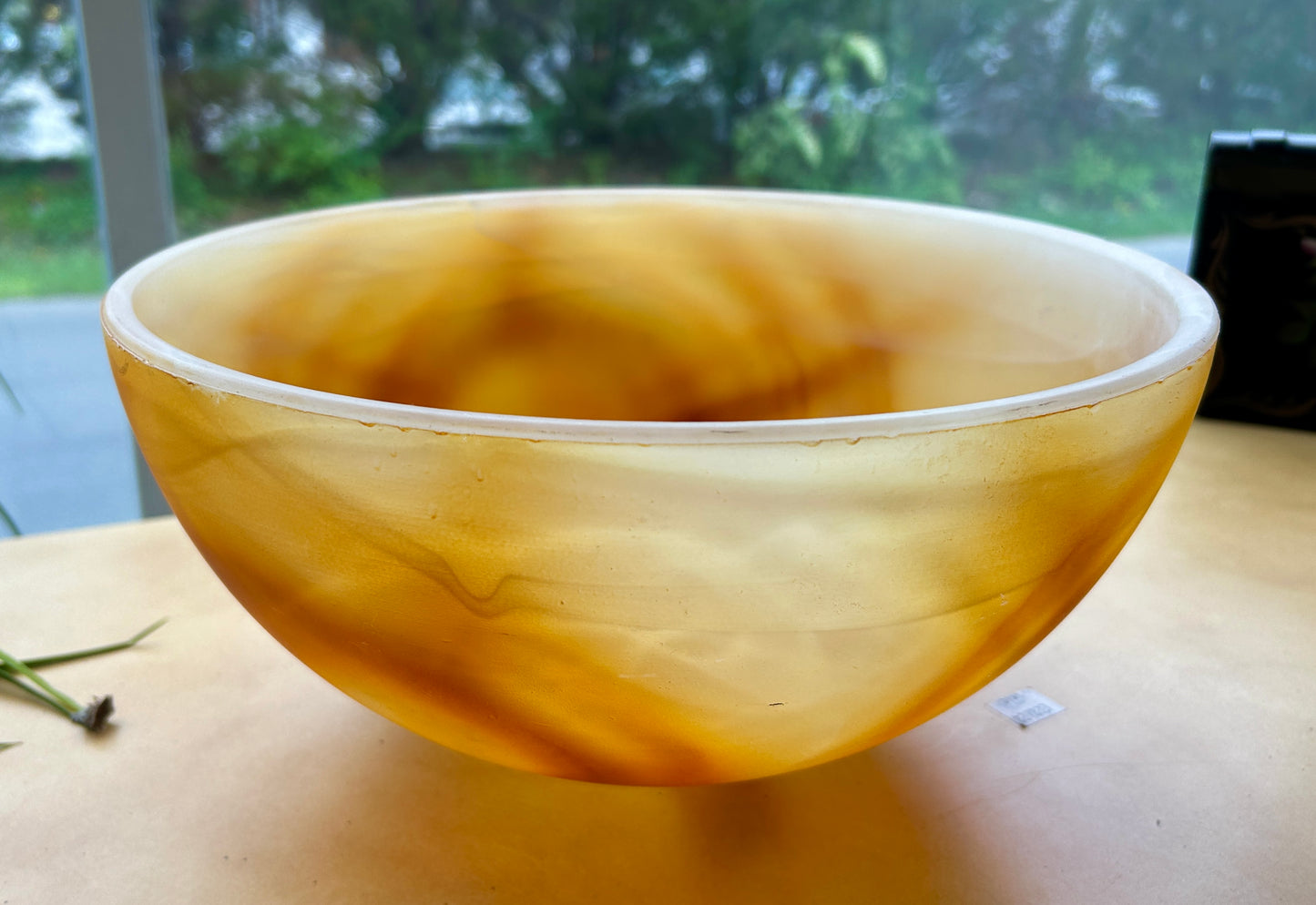 Onyx Style Glass Bowl, Semi-Translucent Bowl with Gold & Orange, 12"