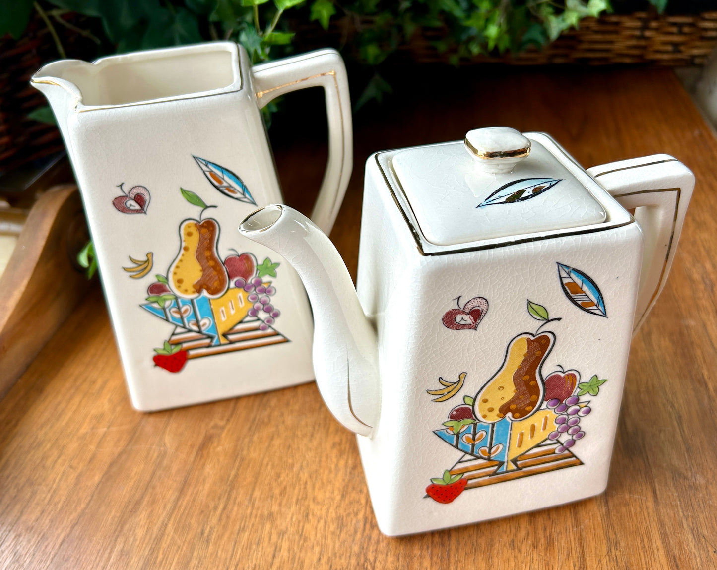 Pair of MCM 1960s Thames Hand Painted, Angular Coffee Pot and Tea Pot with Lid