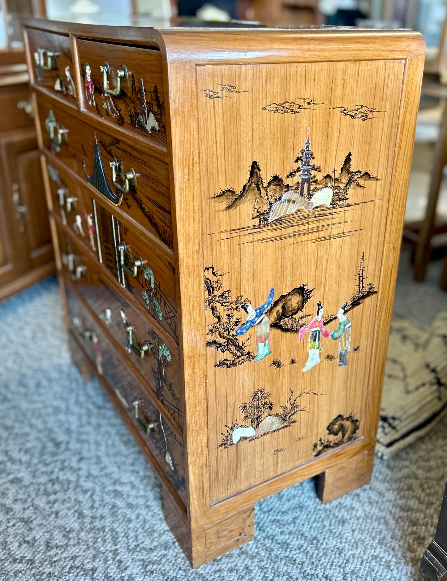 MCM Oriental Chest Of Drawers, Asian Landscapes with Mother of Pearl Inlay, 42" Tall