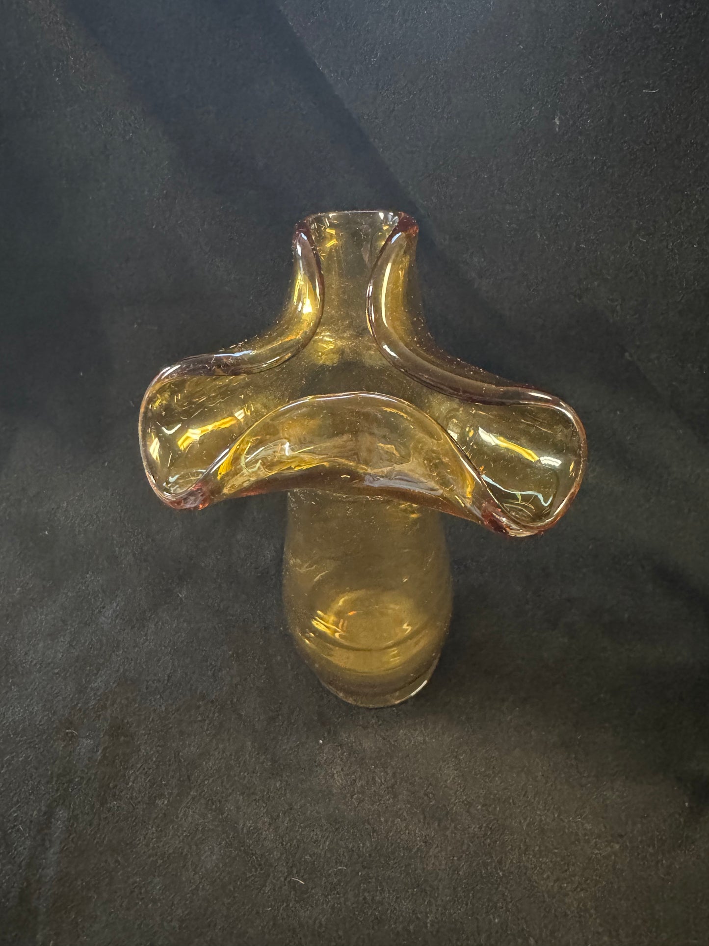 Tall Hand Blown Scallop Edged Amber Glass Vase