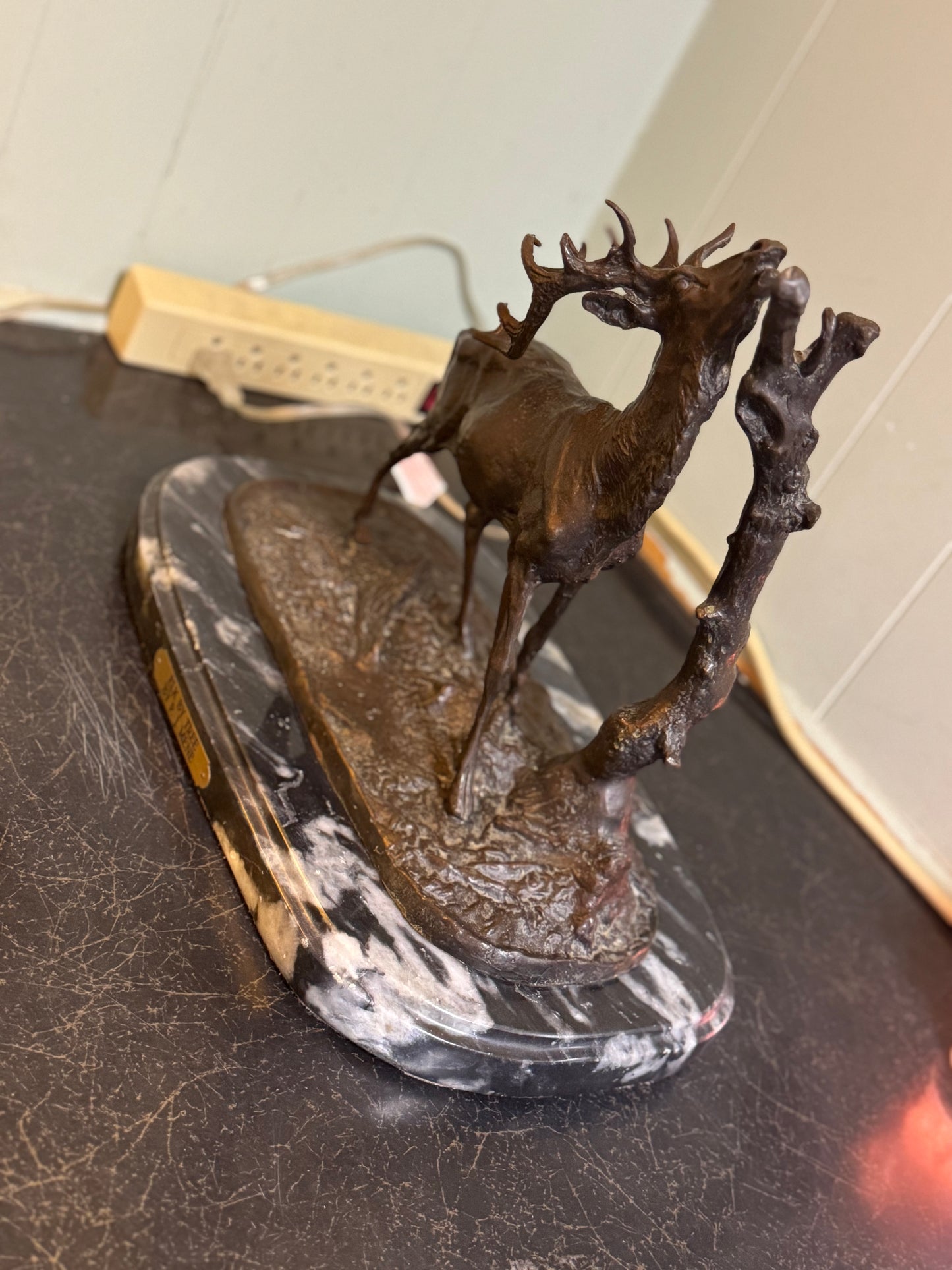 Bronze & Marble Statue "Elk By Tree" By: P.J. MENE