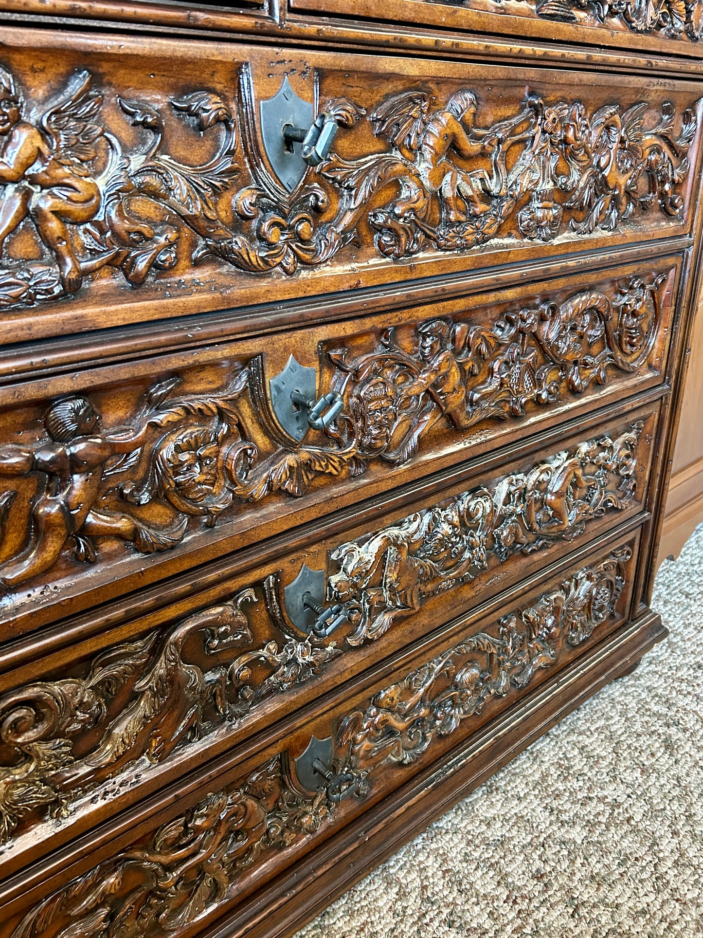 Baroque Chest, 6 Drawer Oak & Walnut Belgian Dresser, 54" Wide