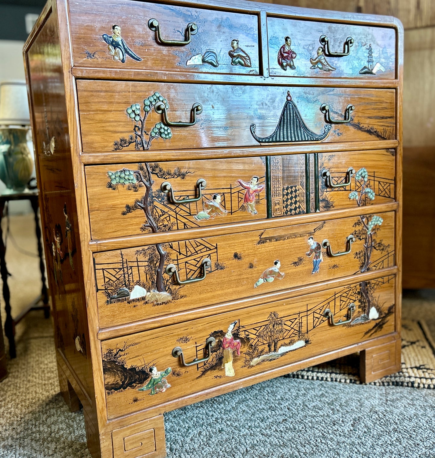 MCM Oriental Chest Of Drawers, Asian Landscapes with Mother of Pearl Inlay, 42" Tall