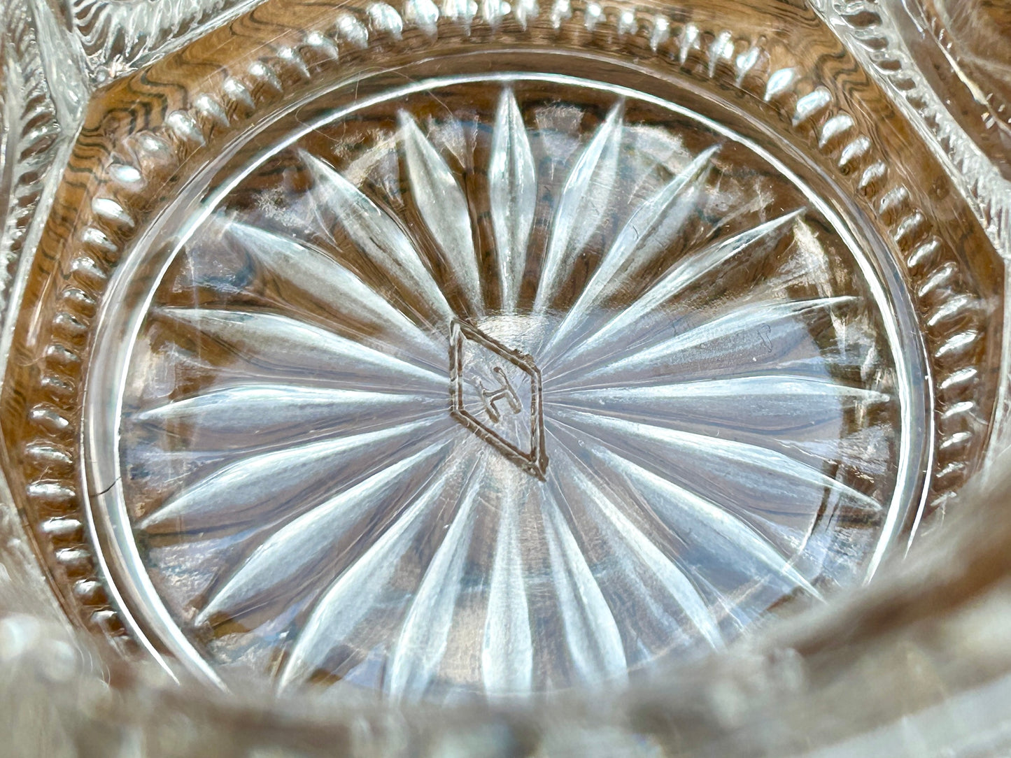 Set Of Four Beautiful Heisey Glass Cups And Saucers, with Diamond H logo, Star Cut