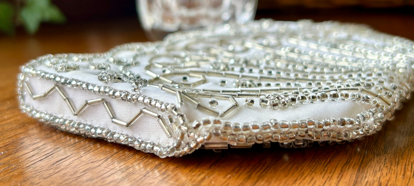 Vintage Beaded Clutch, 1950s La Regale White Satin Purse w Silver Beading, 8"Long