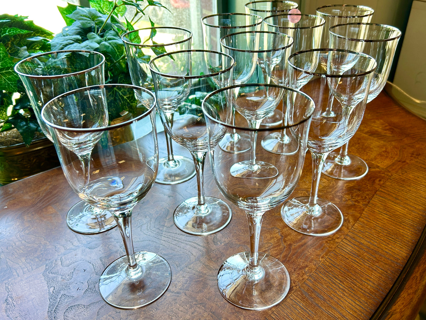 Set Of Twelve Vintage Noritake Silver Rim Wine Goblet Glasses