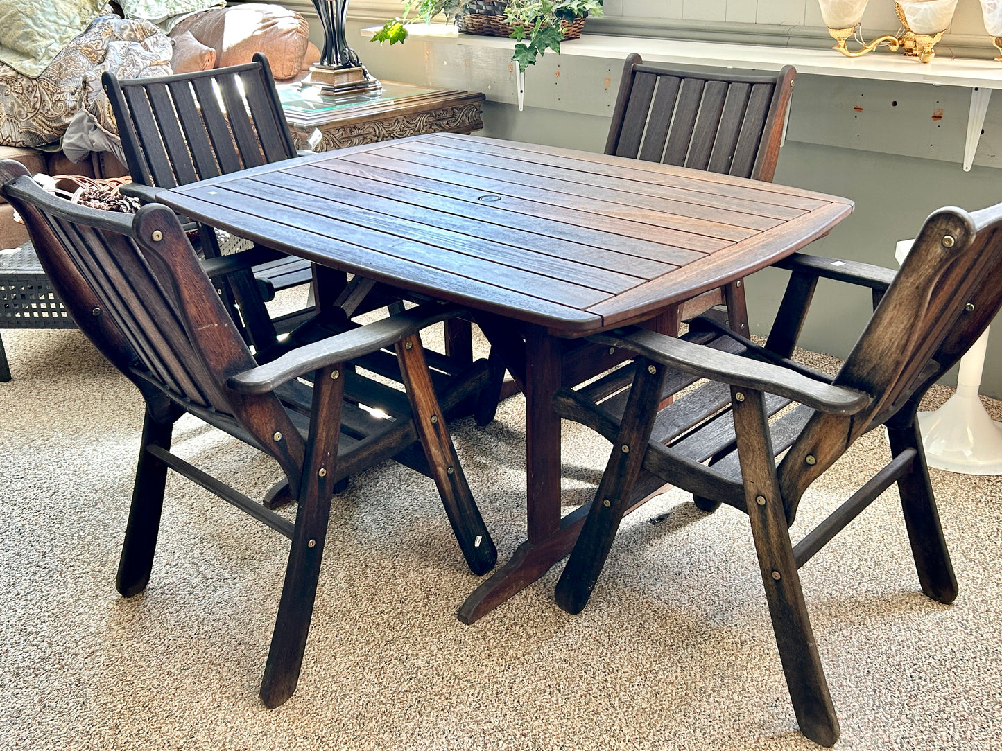 Outdoor Patio Dining Set, 5 Piece Jensen Jarrah Ipe Wood Table and 4 Chairs