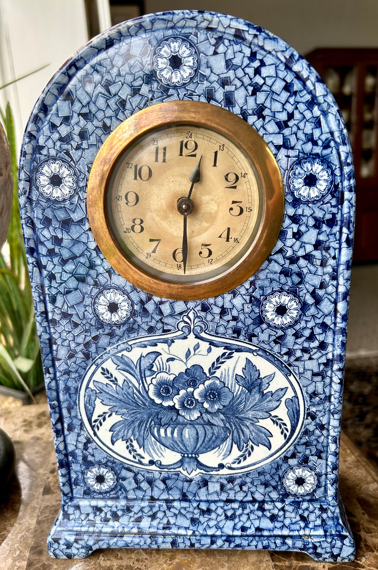 Rare Delft Ceramic Mantel Clock, Flamand Blue Transferware, Netherlands, Working