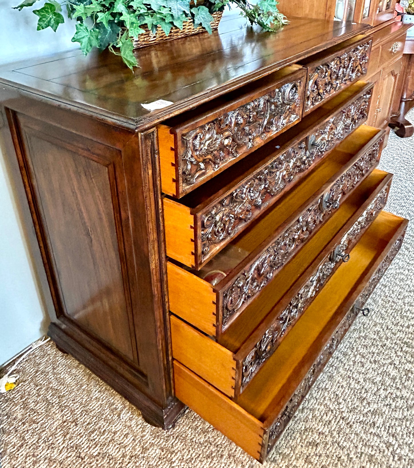 Baroque Chest, 6 Drawer Oak & Walnut Belgian Dresser, 54" Wide