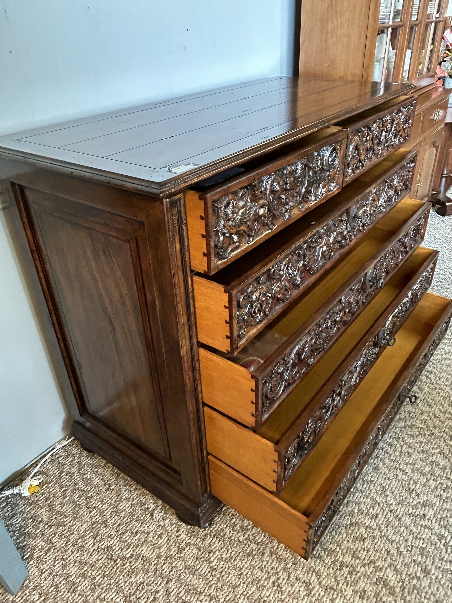 Baroque Chest, 6 Drawer Oak & Walnut Belgian Dresser, 54" Wide