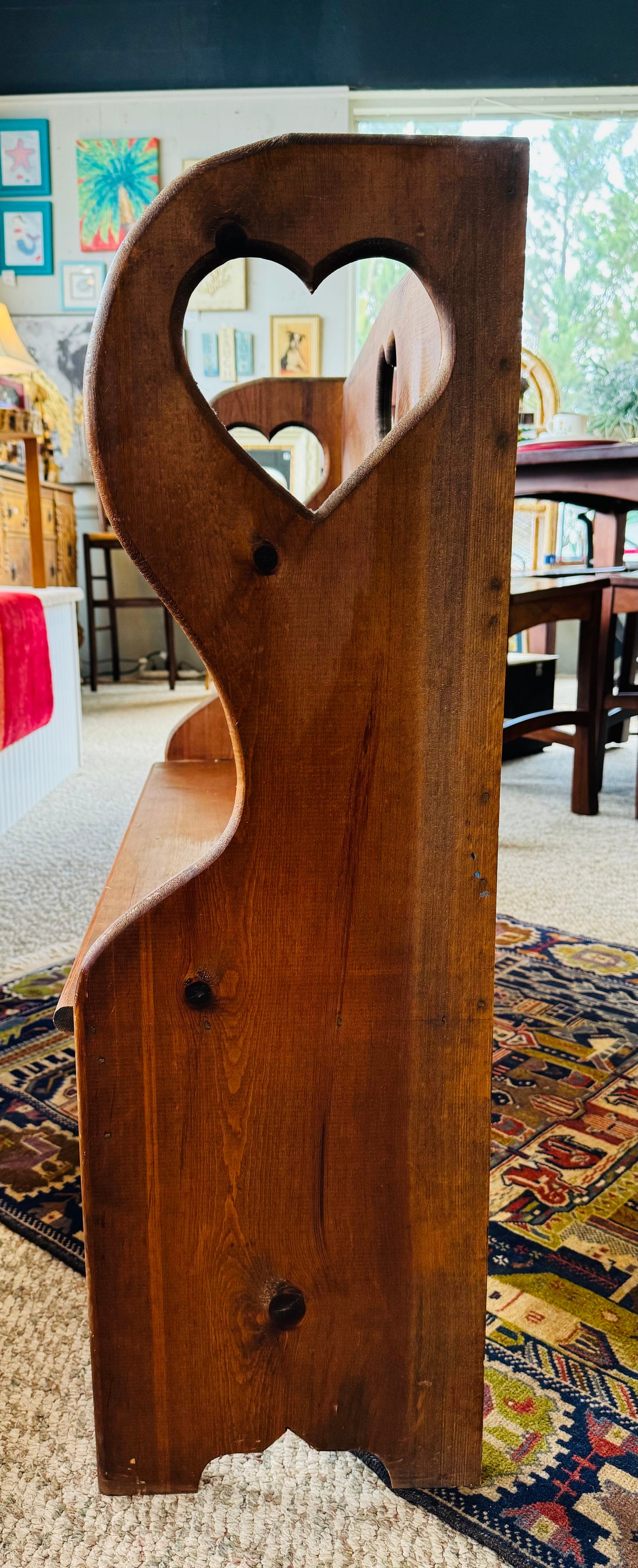 Primitive Wooden Bench With Heart Motif