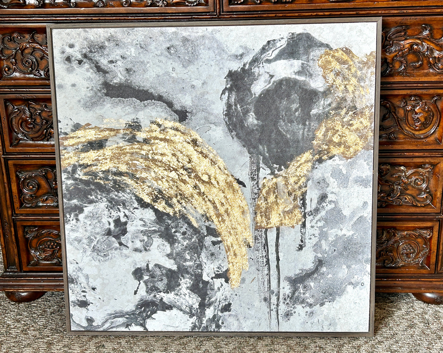 Original Painting, Gold & Black Abstract Art Upon Stone Composite, 33" x 33"