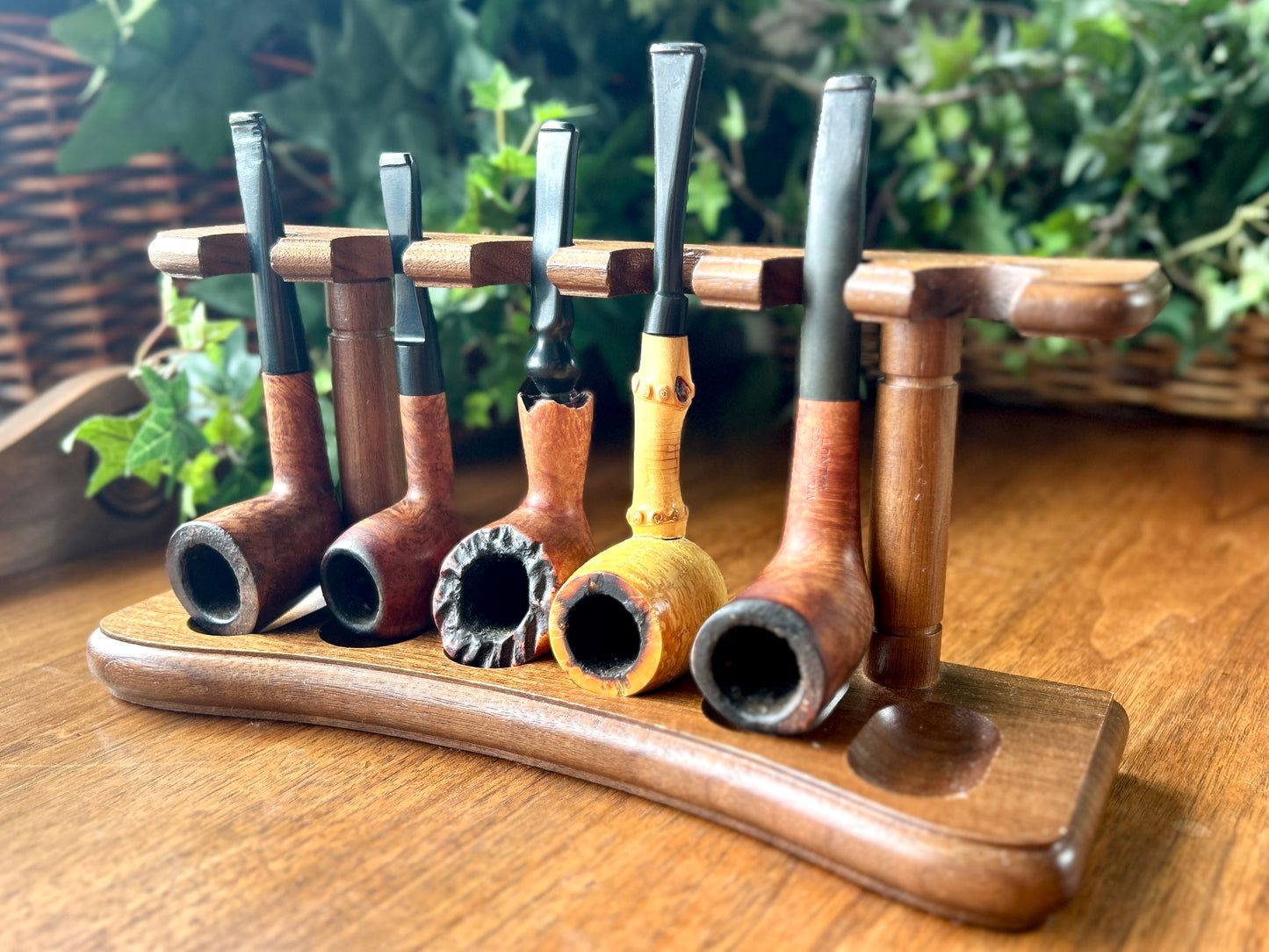 Beautiful, Vintage Pipe Collection w Walnut Decatur Pipe Stand, Walnut, Briar, Meerschaum, Made in England, US, Israel