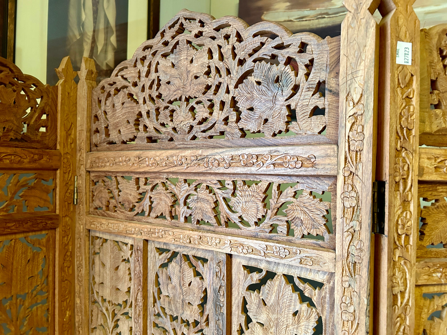 Four-Panel Indian Hand Carved Wooden Screen, 72" H x 80" Wide