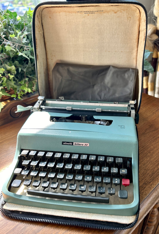 Vintage Blue 1964 Olivetti Lettera 32 Typewriter, Made in Barcelona, Spain, with Pica Font & Original Case