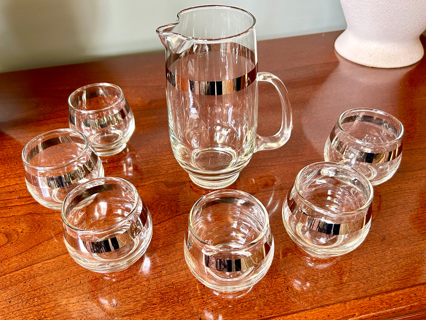 Mid Century, 1960s Libbey Glassware Rock Sharpe Roly Poly Silver Band, 7 Piece Set, MCM