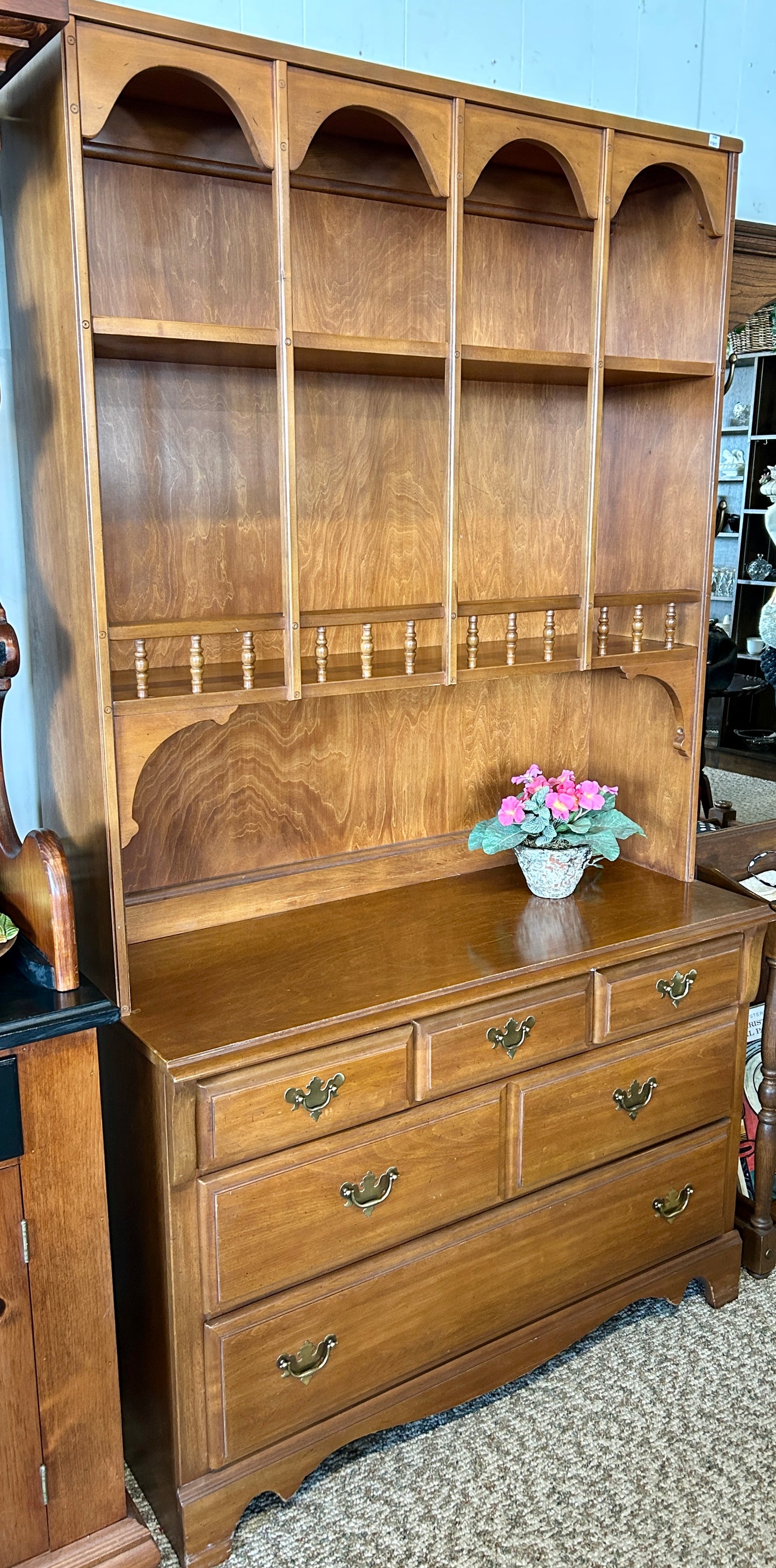 Vintage, Solid Wood Hutch with 5-Drawer Dresser Base and Bookshelves