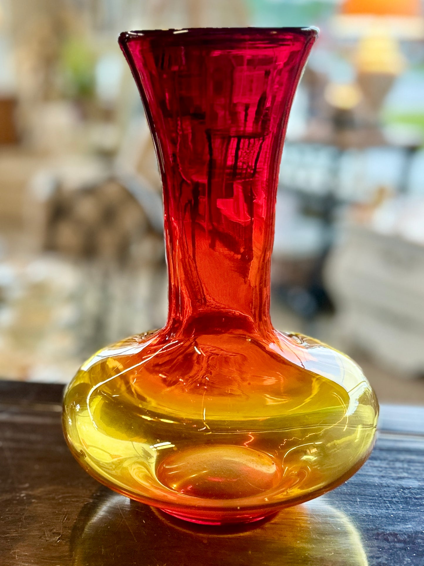 BLENKO Mid-Century Modern Amberina Glass Vase, Red & Yellow Ombre, 10.25" Tall