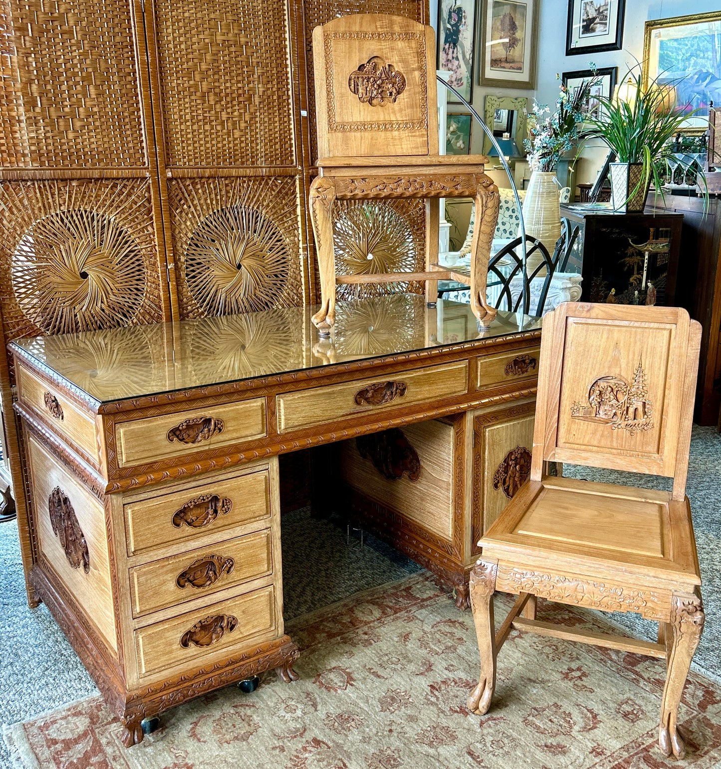 Ornately Carved, Glass-Topped Asian Desk with Two Chairs, Beautiful, Intricately Carved Motifs