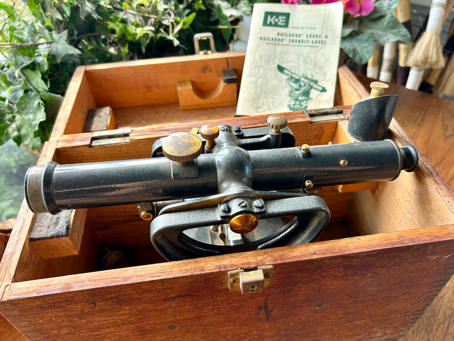 Vintage 1960s Dietzgen 6300 Builder's Level in Oak Case w Manual, Plumbs, Stand, with Keuffel & Esser Co Manual, Plumb Bobs, Sun Shade, Key