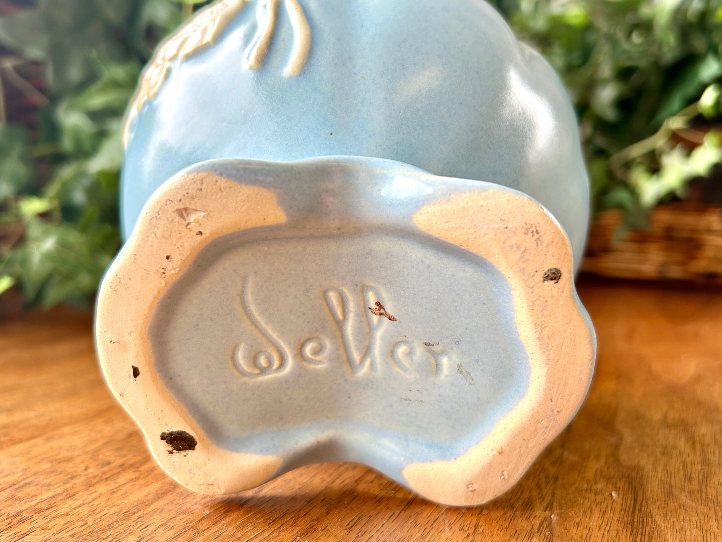 Antique 1930's Weller Art Pottery "Cameo Rose" Blue Glaze, Circa 1935-39. By Weller Pottery of Zanesville, Ohio