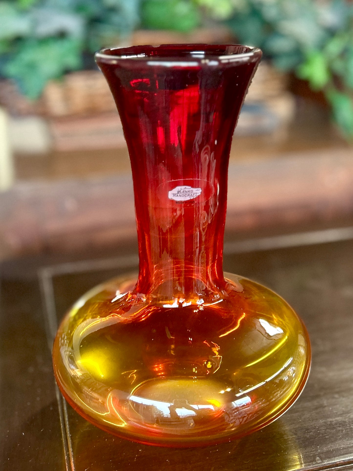 BLENKO Mid-Century Modern Amberina Glass Vase, Red & Yellow Ombre, 10.25" Tall