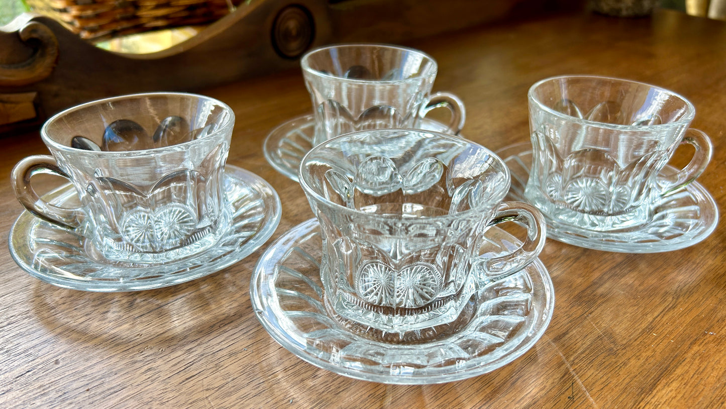 Set Of Four Beautiful Heisey Glass Cups And Saucers, with Diamond H logo, Star Cut