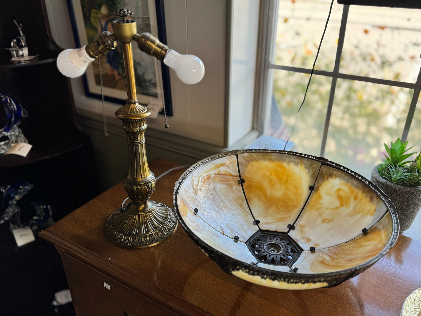 Antique Slag Glass Table Lamp