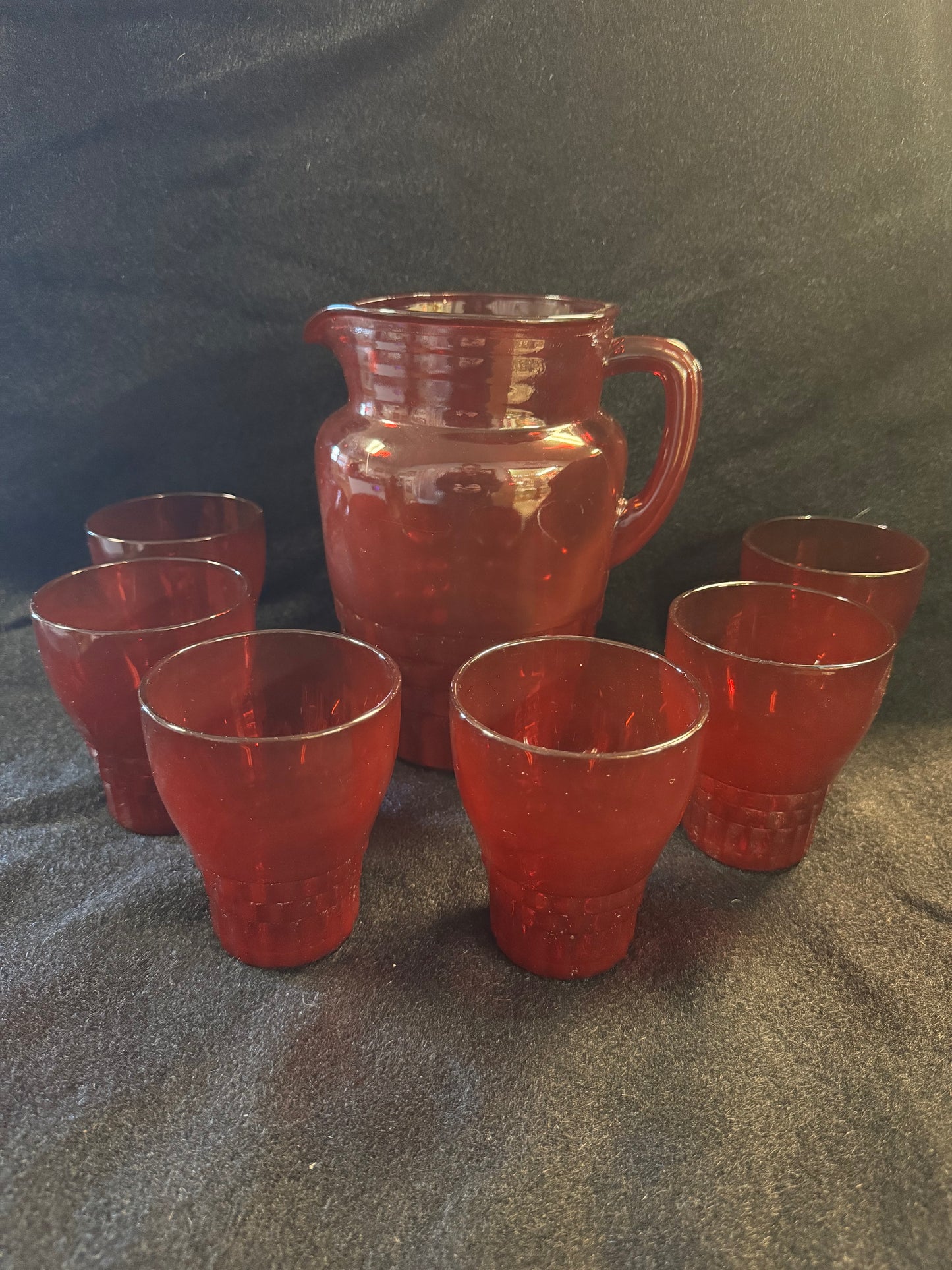 Vintage Red Glass Pitcher With Six Glasses & Two Bowls