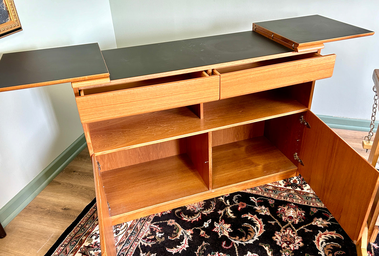 Teak Dry Bar, Vintage Danish Mid-Century Modern, with Flip Top, 47" Wide